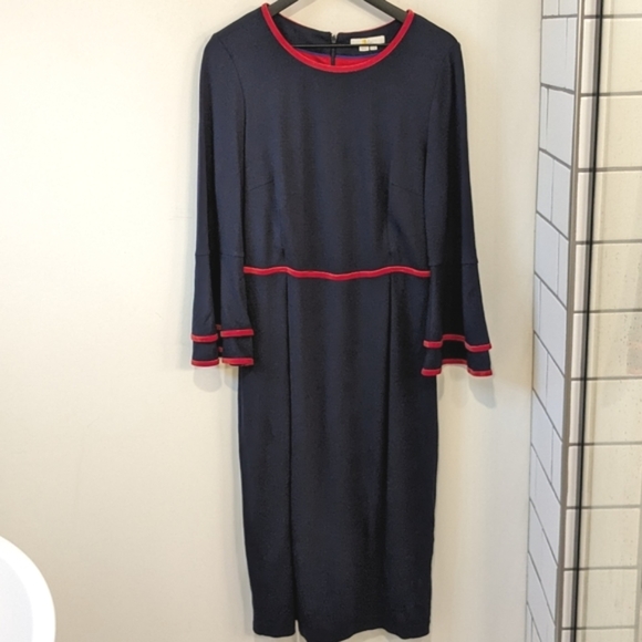 Boden Navy Blue Red Velvet Trim Cora Bell Sleeve Knit Dress - Picture 1 of 6